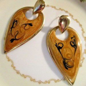 Vintage Goldenrod Yellow Enamel Swirl Door Knocker Earrings